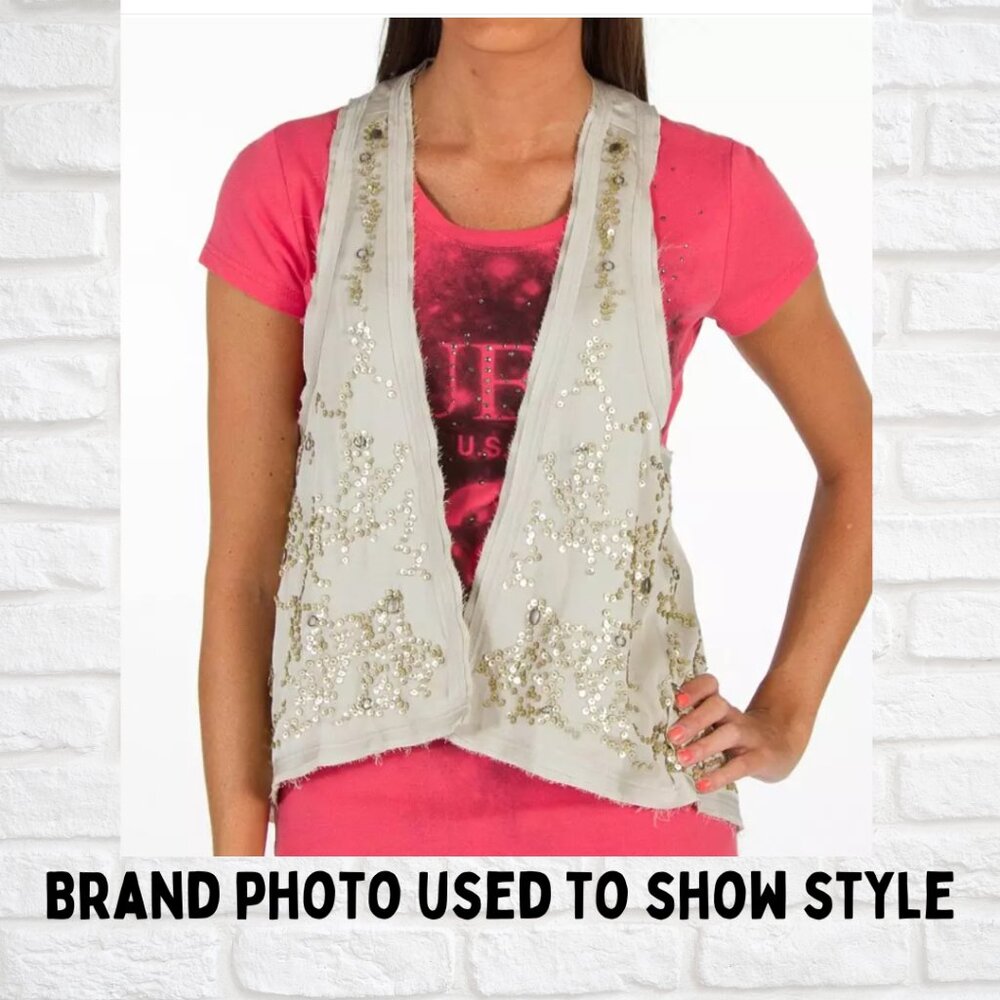 Guess Raw Edge Cropped Vest - Distressed Sequins in Light Beige - Boho Chic